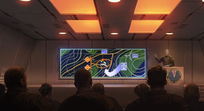 Menace artwork showing a military briefing.